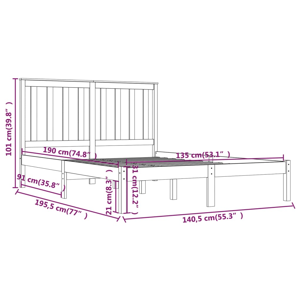 Bed Frame without Mattress Black Solid Wood 135x190 cm