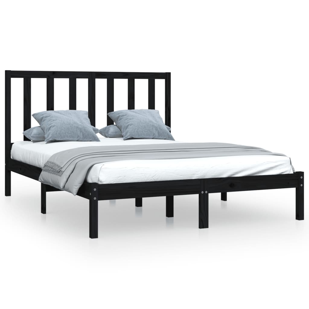 Bed Frame without Mattress Black Solid Wood Pine 135x190 cm