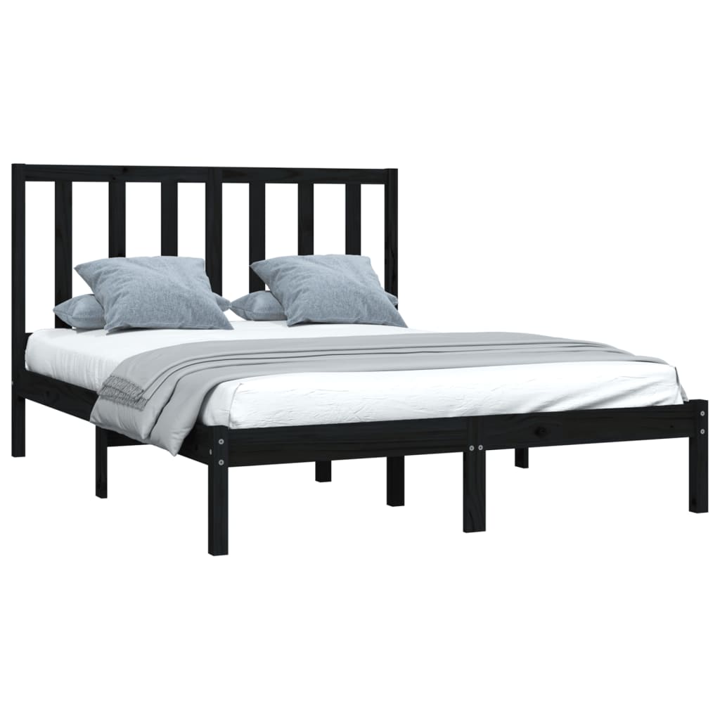 Bed Frame without Mattress Black Solid Wood Pine 135x190 cm