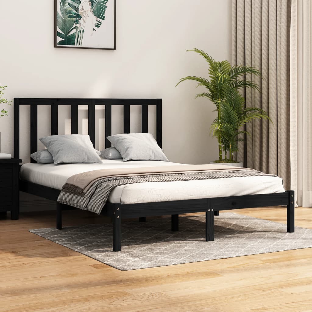 Bed Frame without Mattress Black Solid Wood Pine 135x190 cm