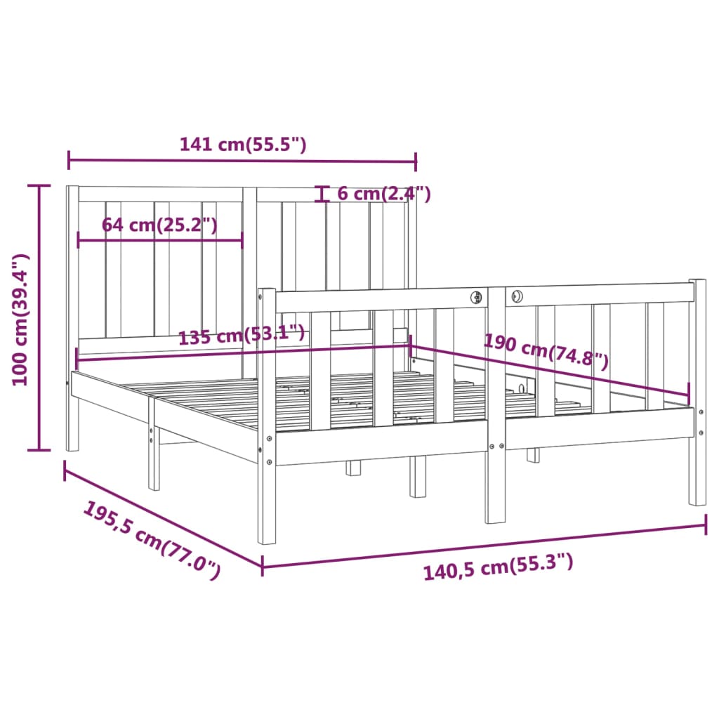Bed Frame without Mattress Black 135x190 cm Solid Wood