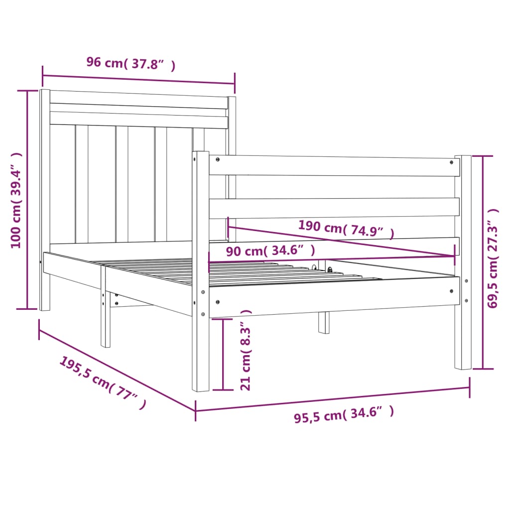 Bed Frame without Mattress 90x190 cm Solid Wood