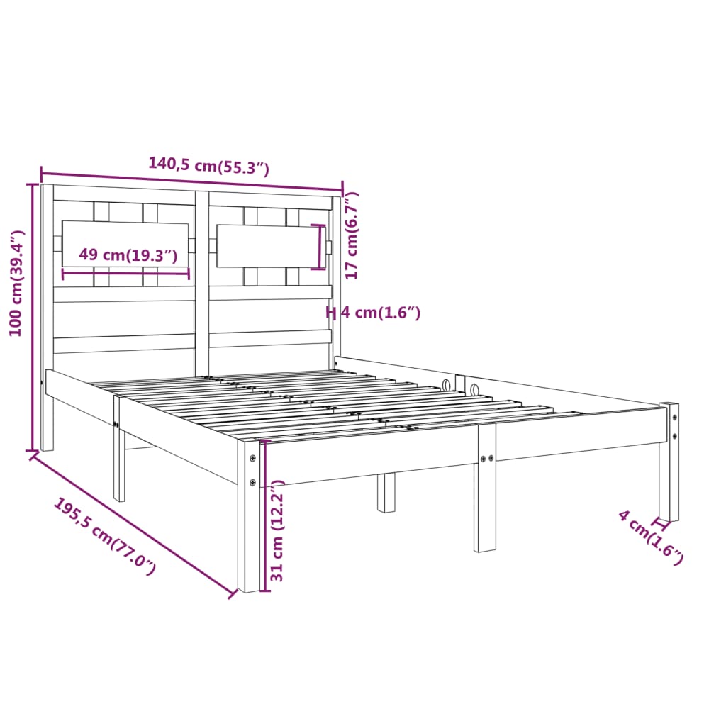 Bed Frame without Mattress Black 135x190 cm Solid Wood