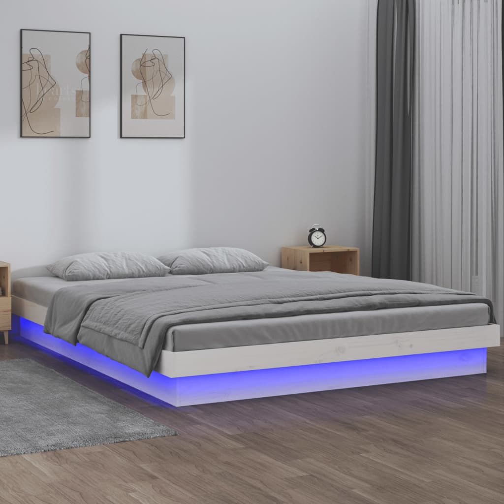 LED Bed Frame without Mattress White 135x190 cm Solid Wood