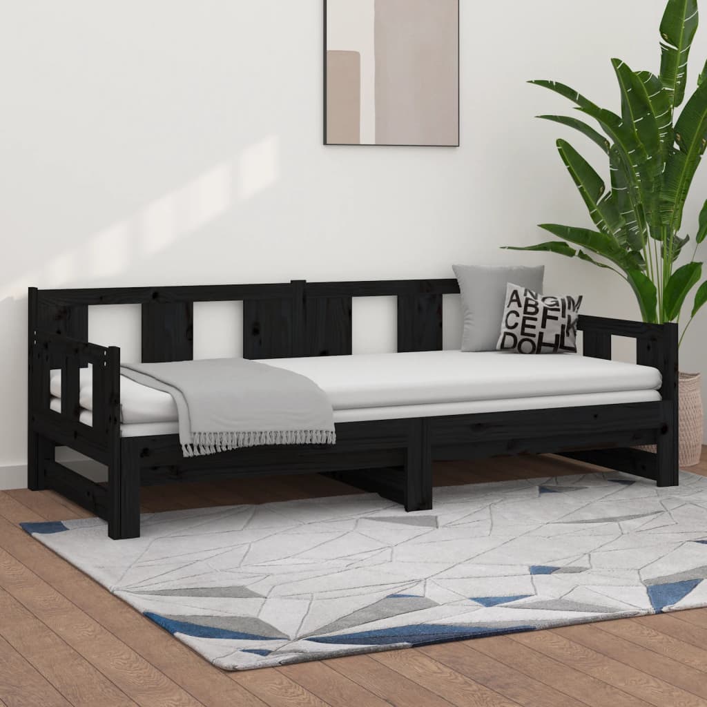 Pull-out Day Bed without Mattress Black Solid Wood Pine 2x(90x190) cm