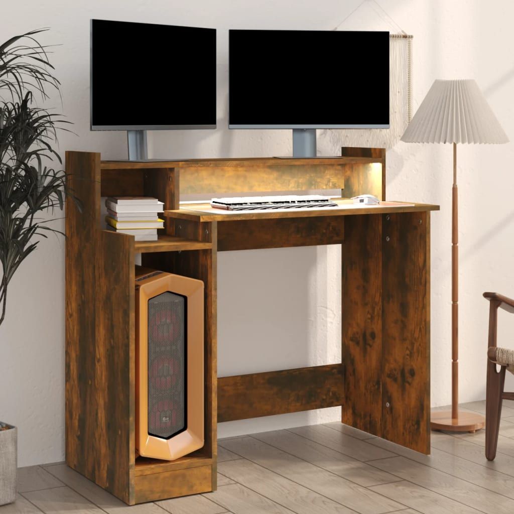 Desk with LED Lights Smoked Oak 97x45x90 cm Engineered Wood