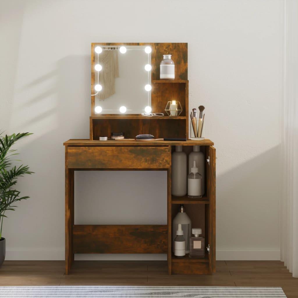 Dressing Table with LED Smoked Oak 86.5x35x136 cm