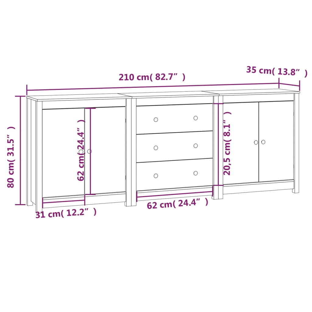 Sideboard 210x35x80 cm Solid Wood Pine