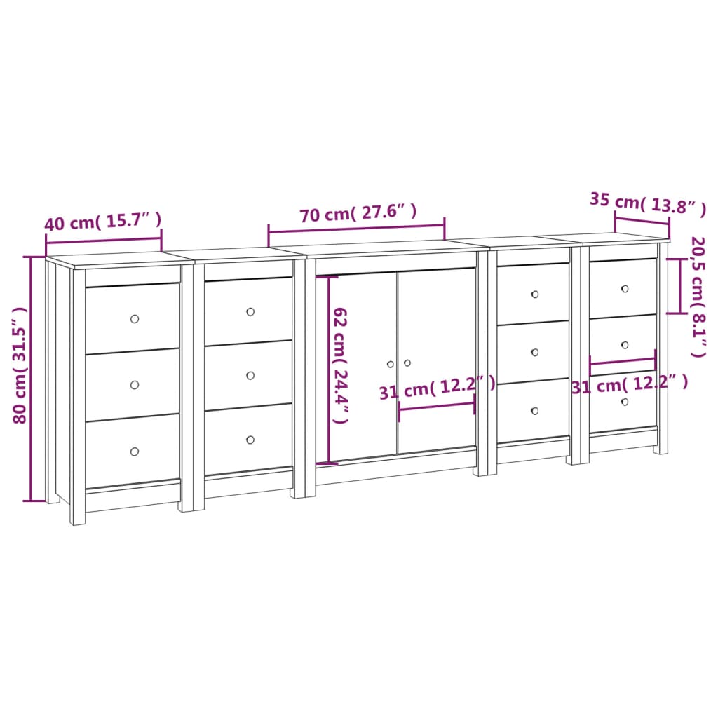 Sideboard Black 230x35x80 cm Solid Wood Pine