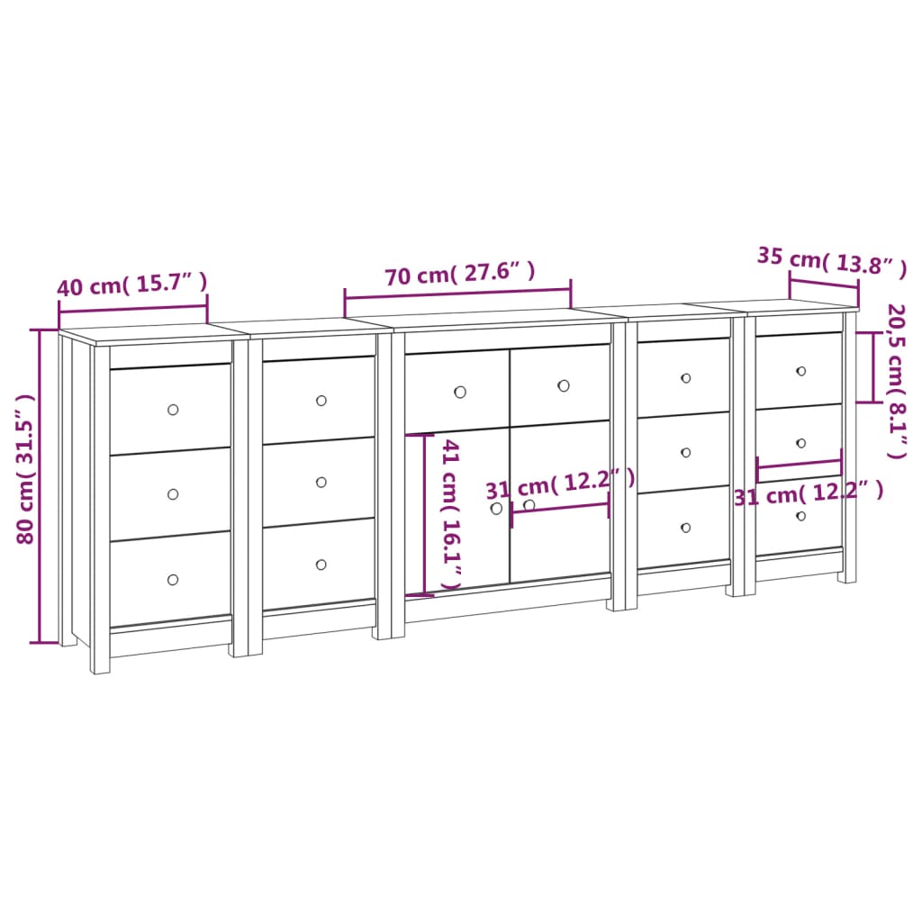 Sideboard White 230x35x80 cm Solid Wood Pine