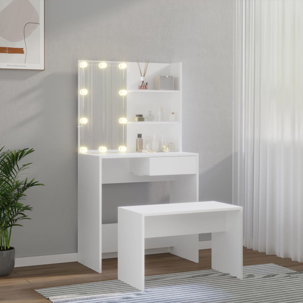 Dressing Table Set with LED White Engineered Wood