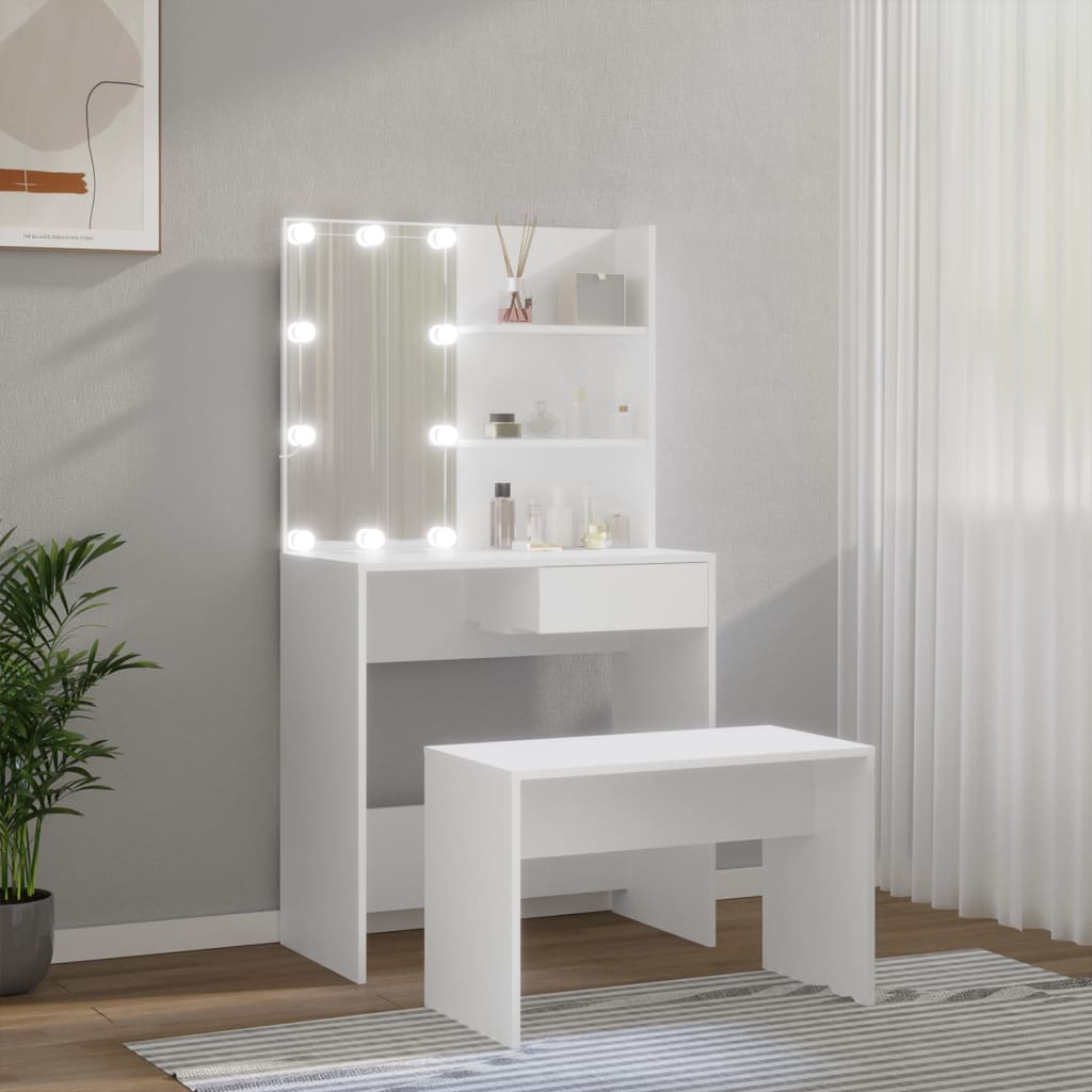 Dressing Table Set with LED White Engineered Wood