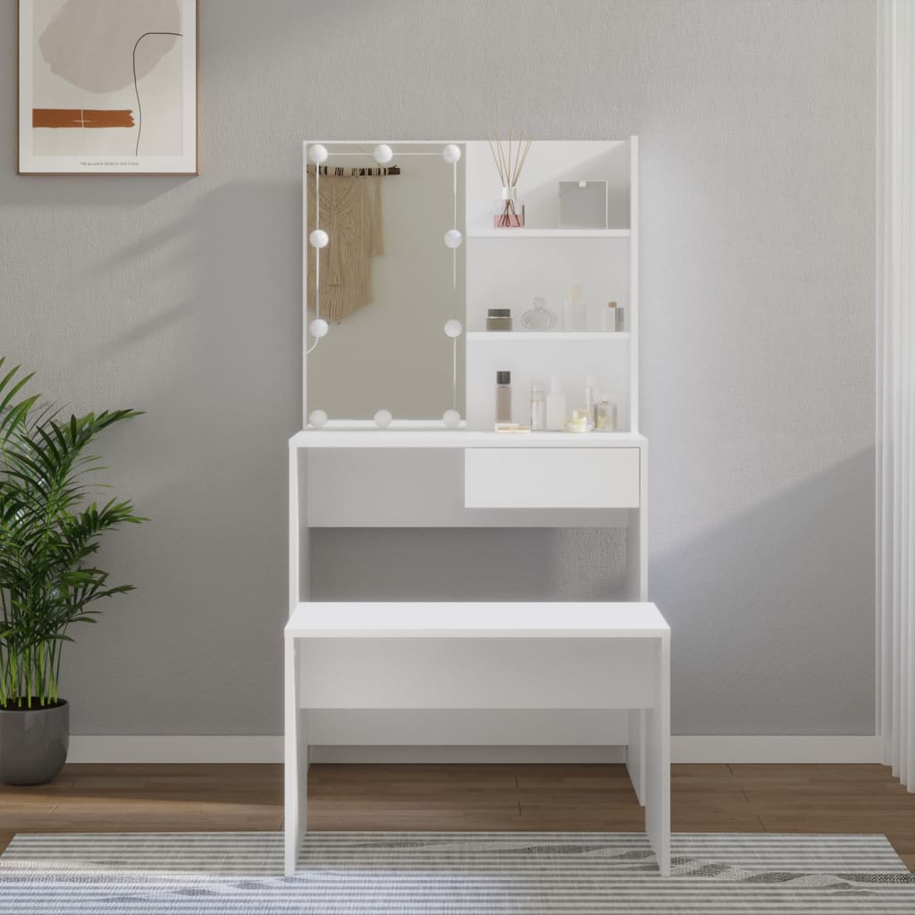 Dressing Table Set with LED White Engineered Wood