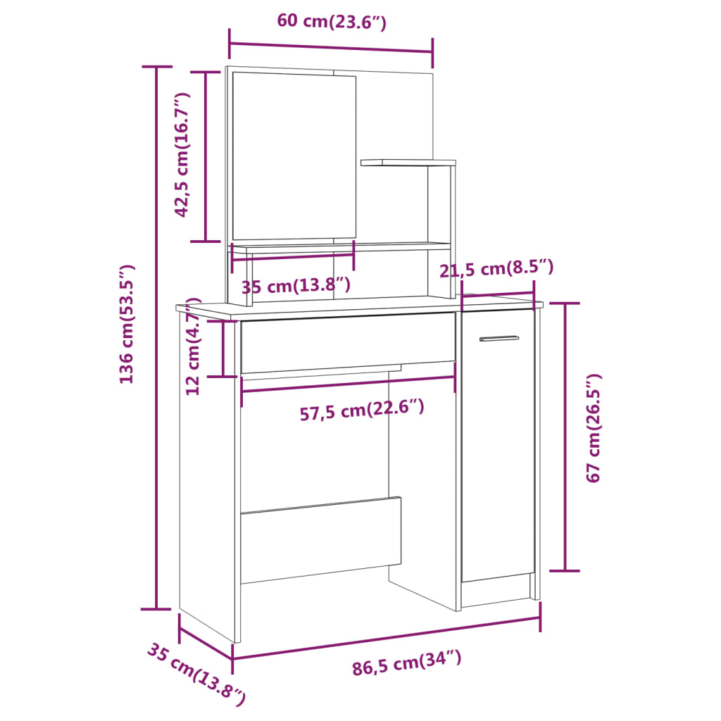 Dressing Table Set Smoked Oak 86.5x35x136 cm