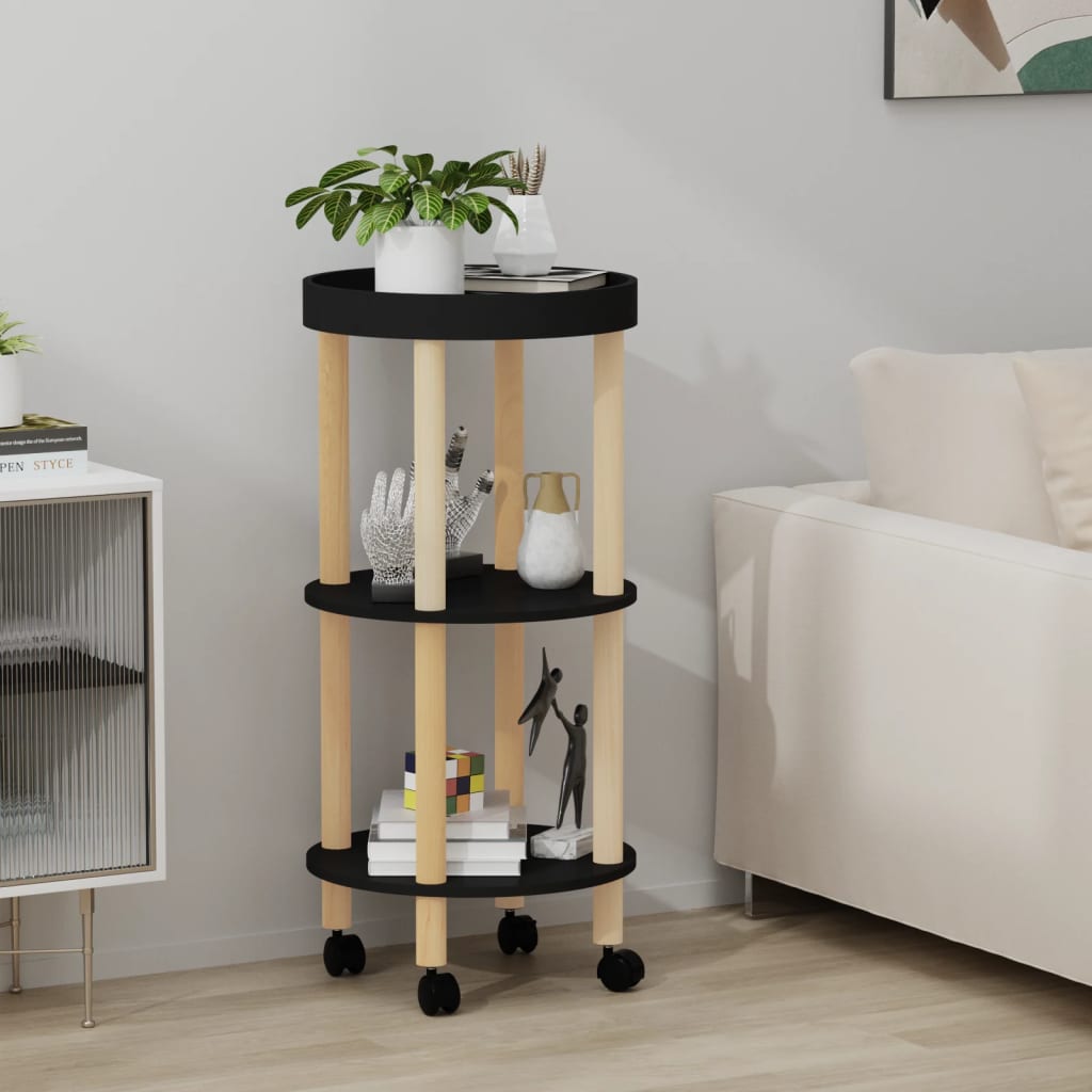 3-tier Trolley Black 38x38x82cm Engineered Wood&amp;Solid Wood Pine