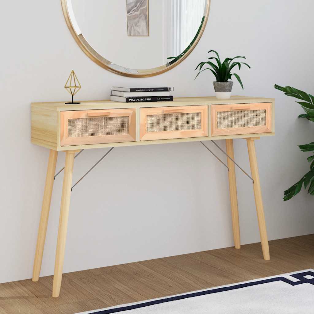 Console Table Brown 105x30x75 cm Solid Wood Pine&amp;Natural Rattan