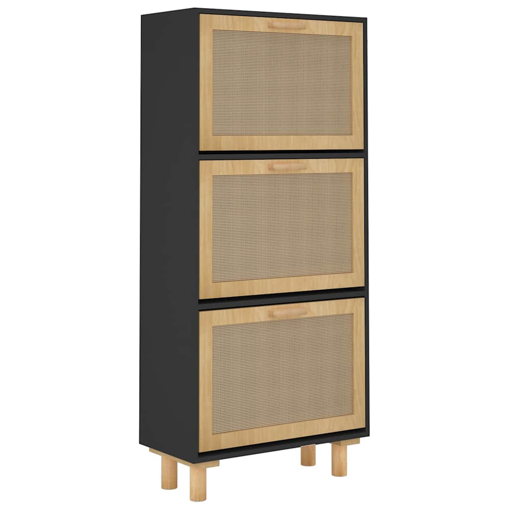 Shoe Cabinet Black 52x25x115 cm Engineered Wood and Natural Rattan