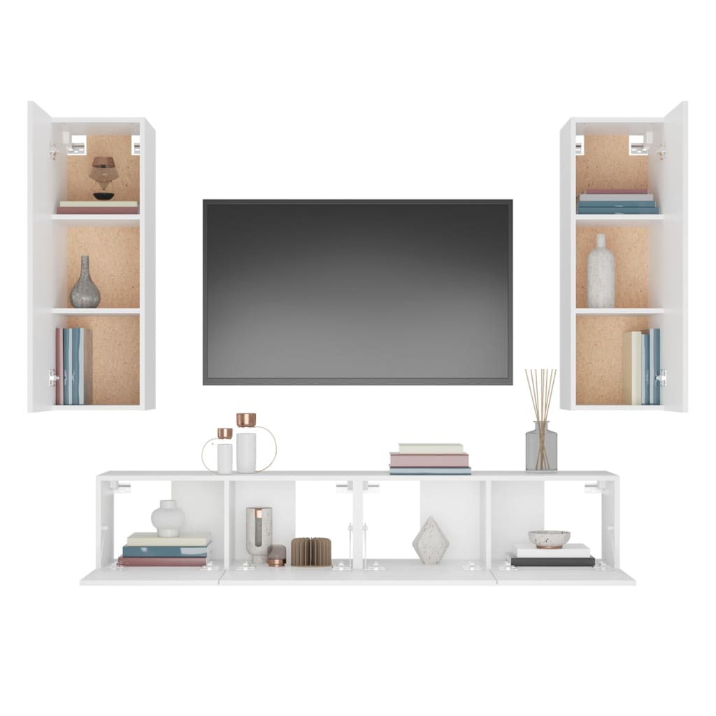 4 Piece TV Cabinet Set White Engineered Wood