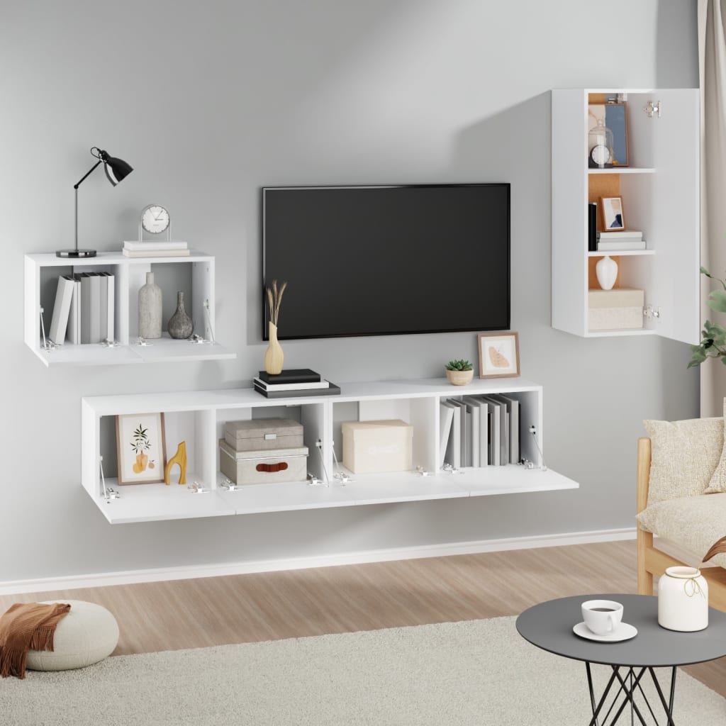 4 Piece TV Cabinet Set White Engineered Wood