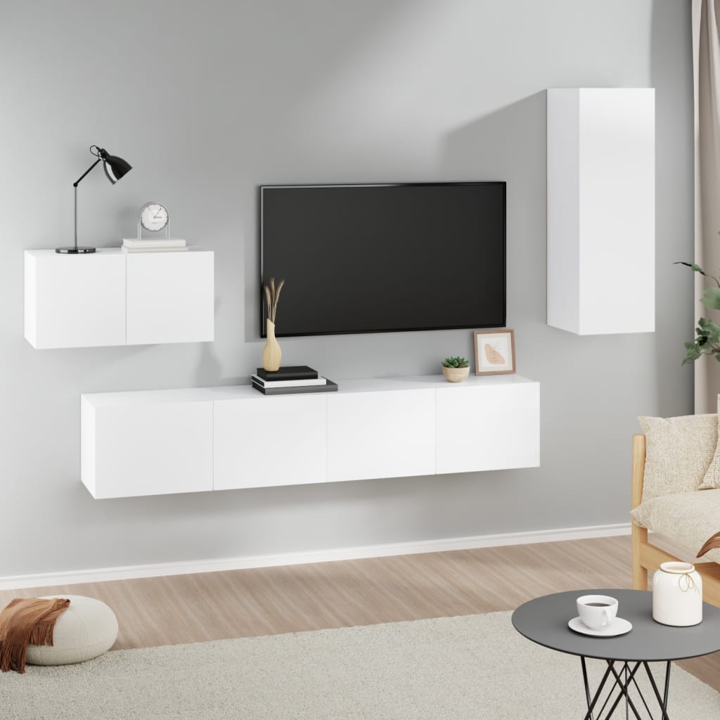 4 Piece TV Cabinet Set White Engineered Wood