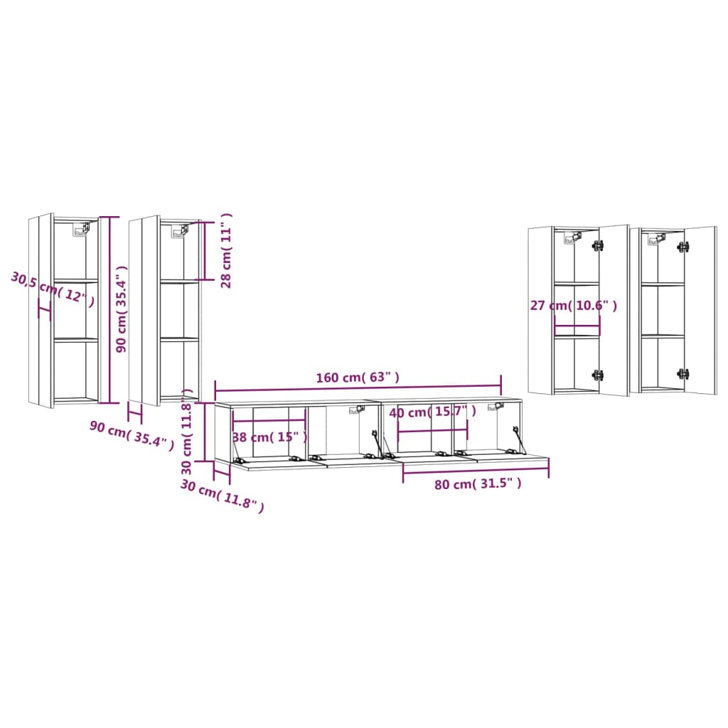 6 Piece TV Cabinet Set White Engineered Wood