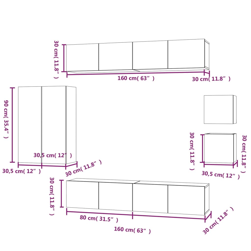 8 Piece TV Cabinet Set White Engineered Wood