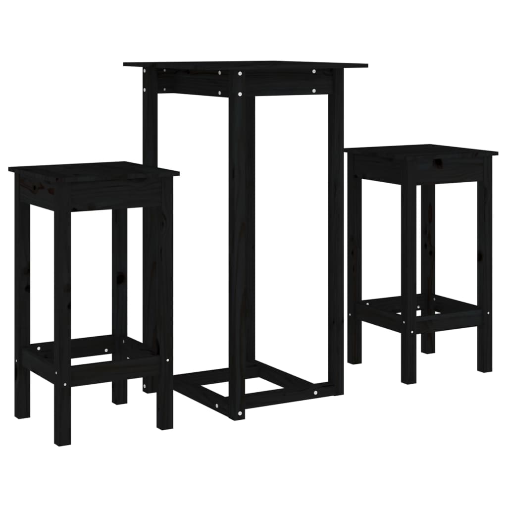 3 Piece Bar Set Black Solid Wood Pine