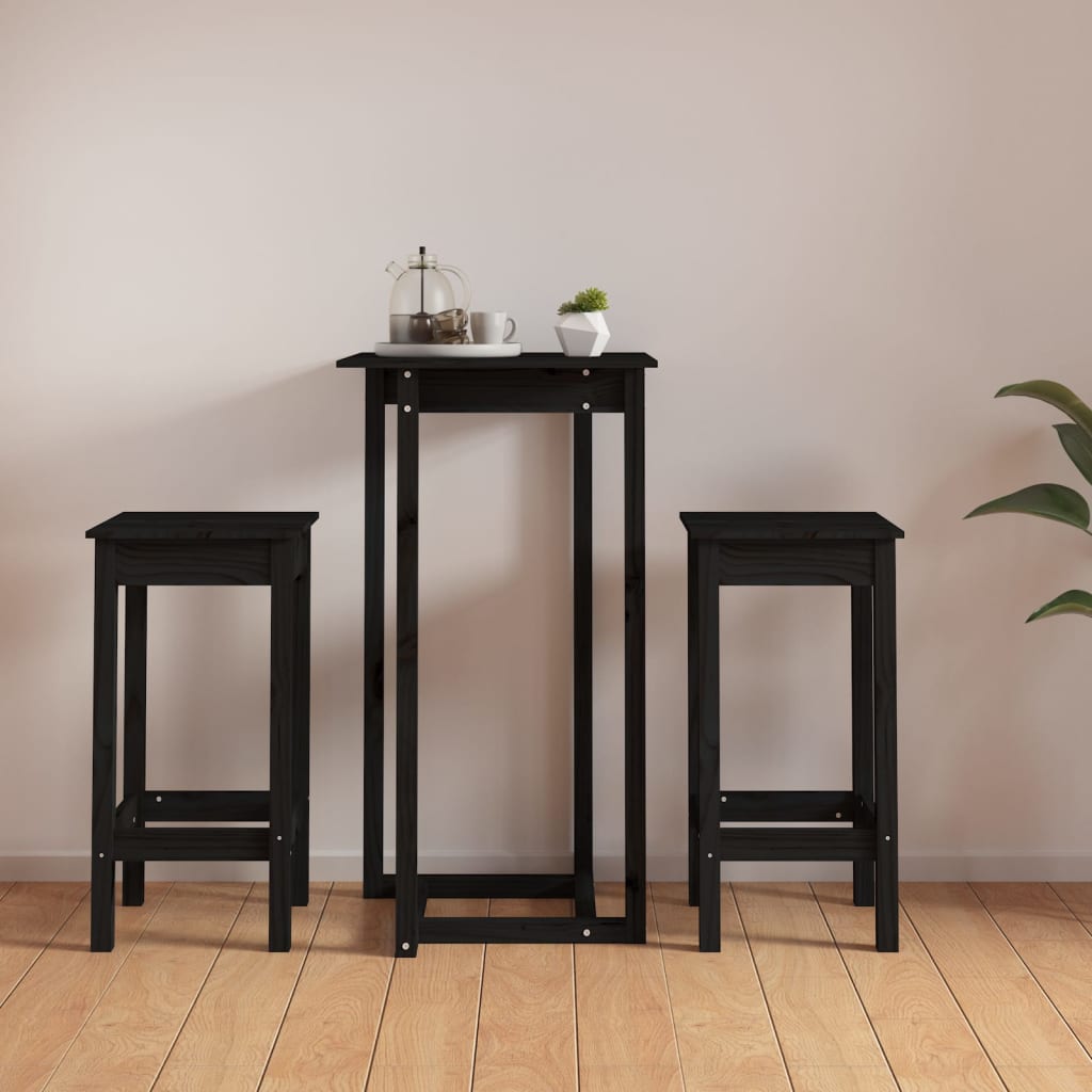 3 Piece Bar Set Black Solid Wood Pine