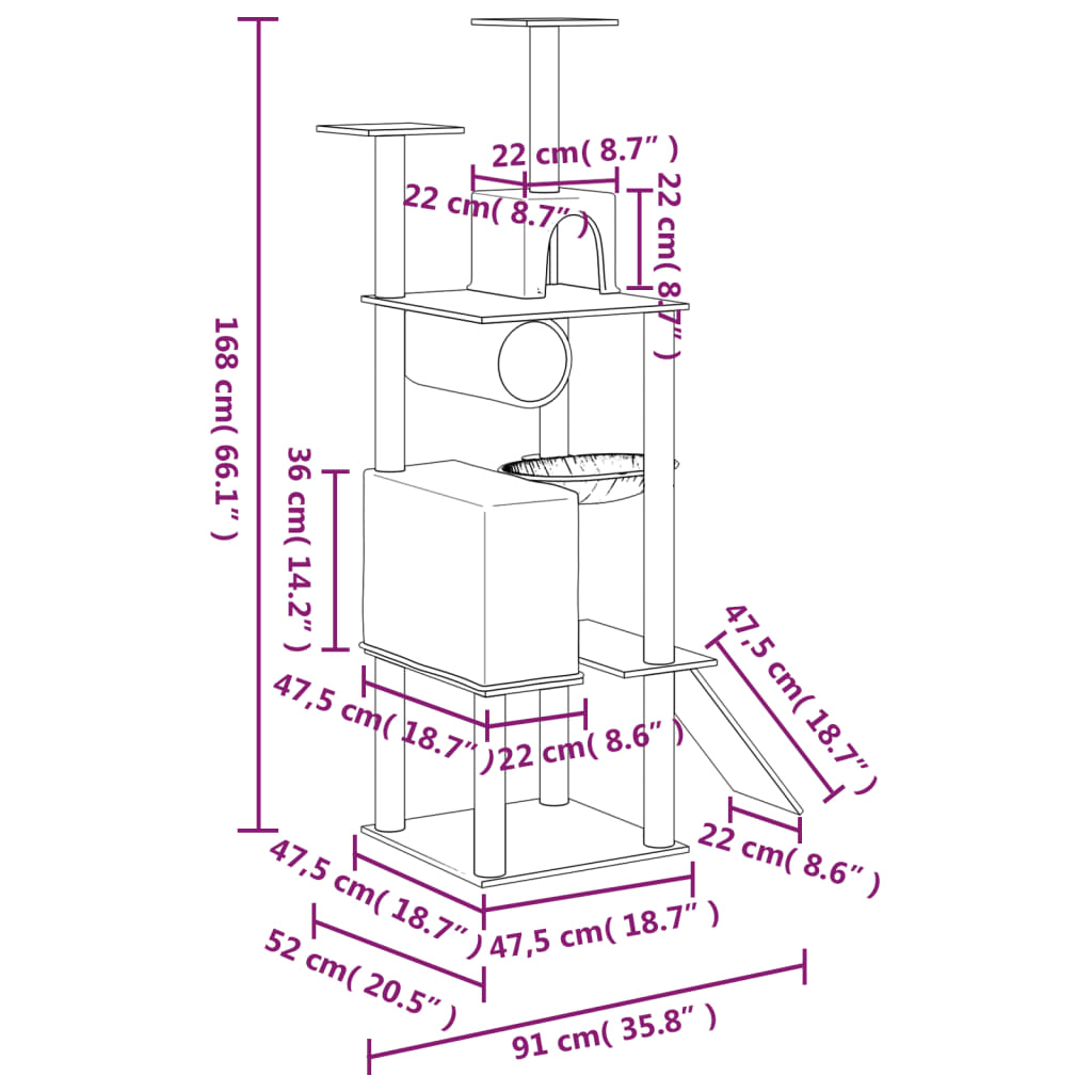 Cat Tree with Sisal Scratching Posts Light Grey 168 cm
