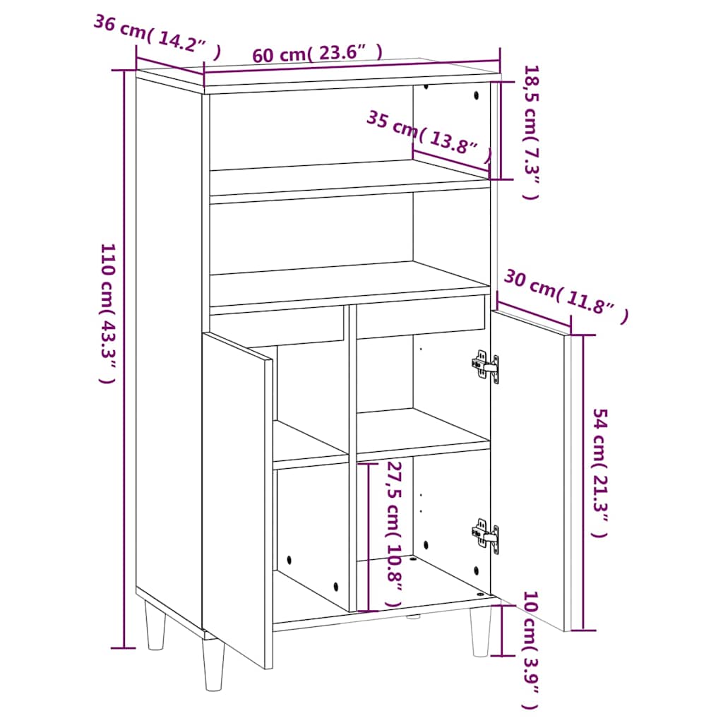 Highboard High Gloss White 60 x 36 x 110 cm Engineered Wood