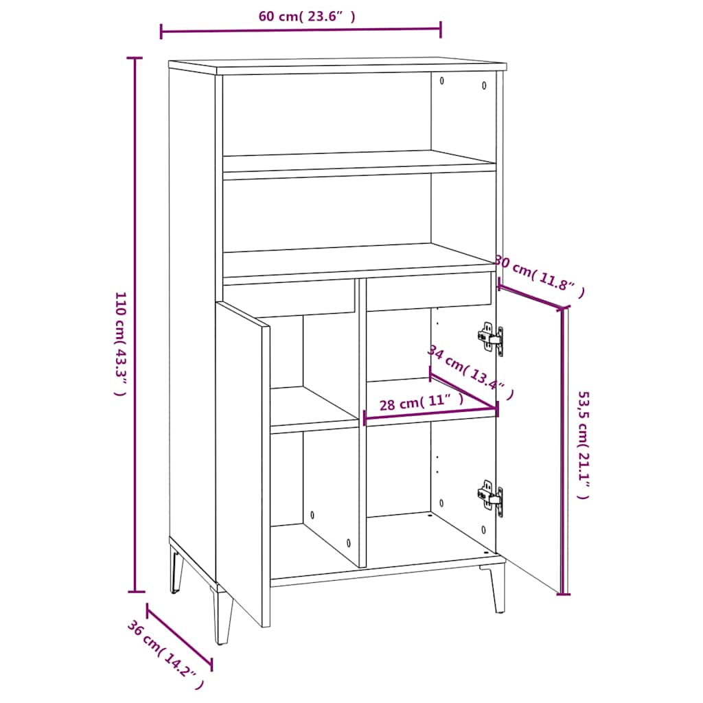 Highboard High Gloss White 60 x 36 x 110 cm Engineered Wood