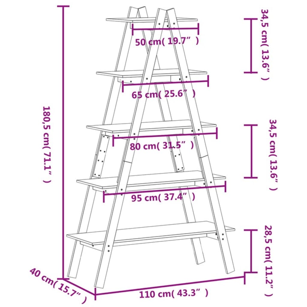 5-Tier Shelf A-shape 110x40x180.5 cm Solid Wood Pine