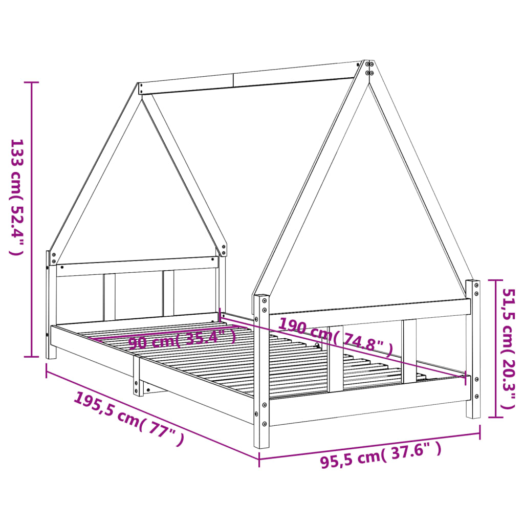 Kids Bed Frame Black 90x190 cm Solid Wood Pine