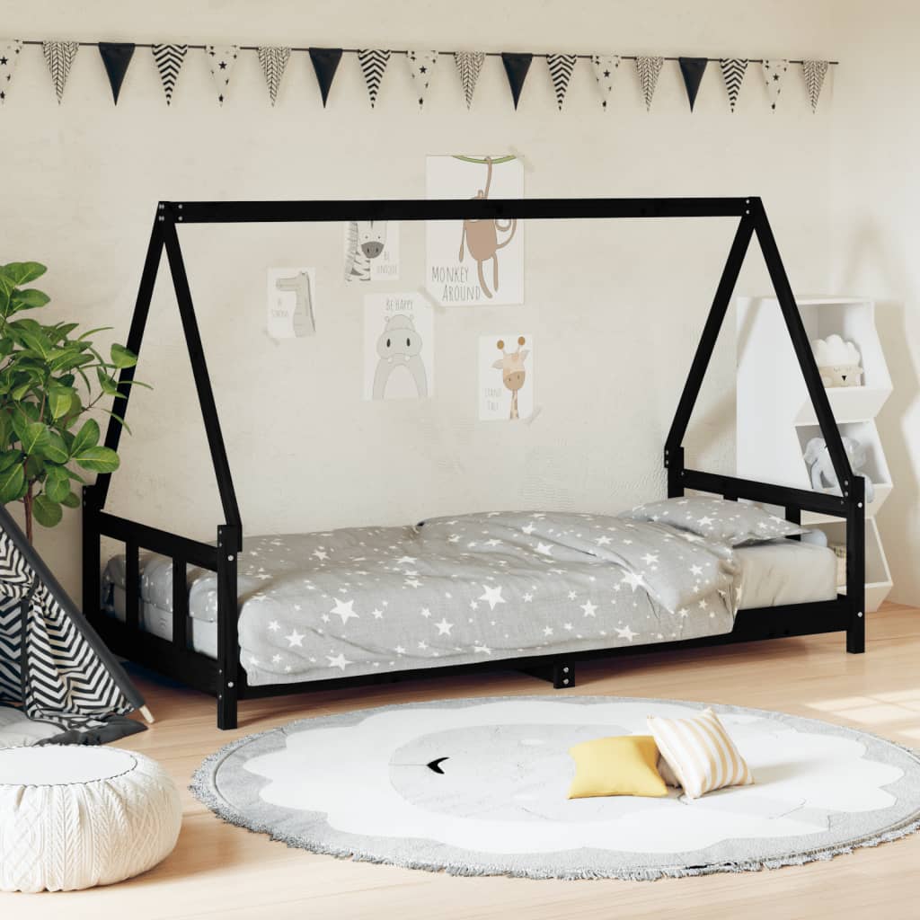 Kids Bed Frame Black 90x190 cm Solid Wood Pine