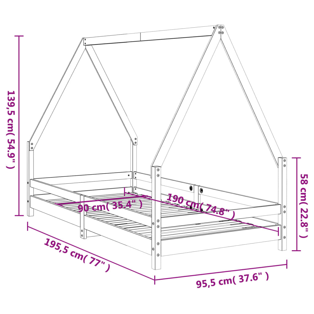 Kids Bed Frame 90x190 cm Solid Wood Pine