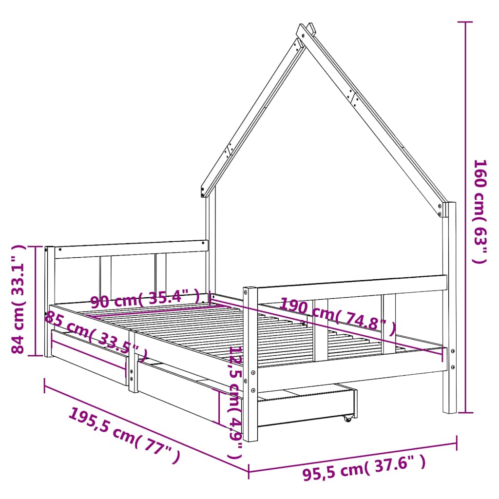 Kids Bed Frame with Drawers 90x190 cm Solid Wood Pine