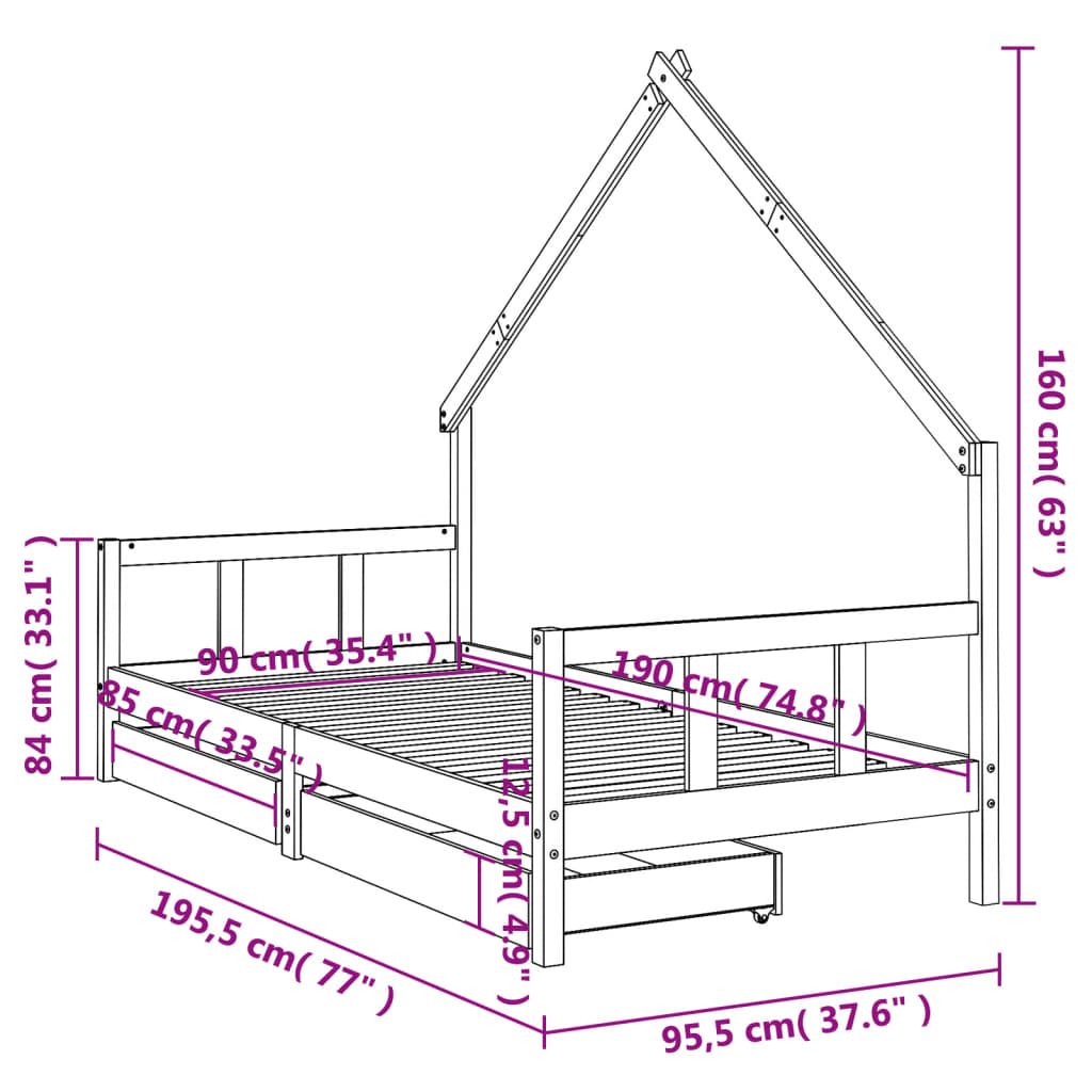 Kids Bed Frame with Drawers White 90x190 cm Solid Wood Pine