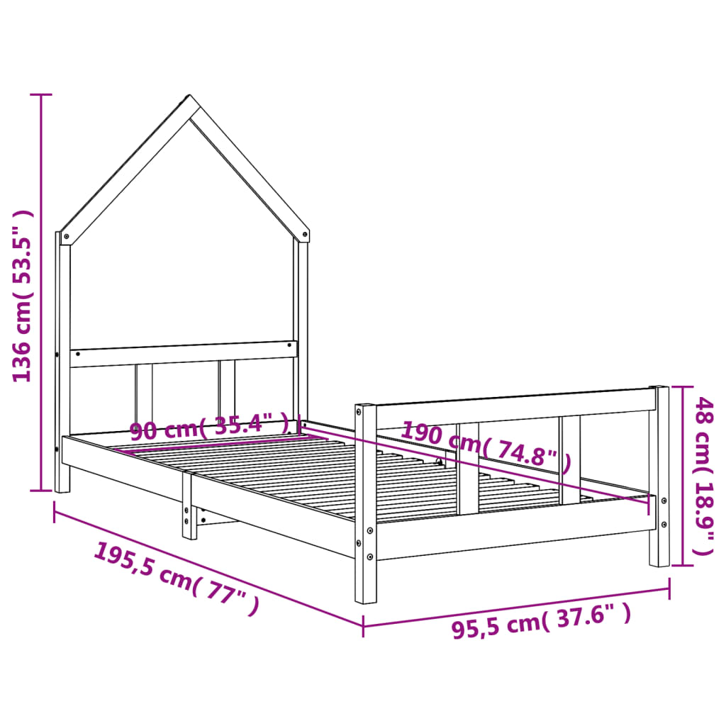 Kids Bed Frame White 92x187 cm Single Solid Wood Pine