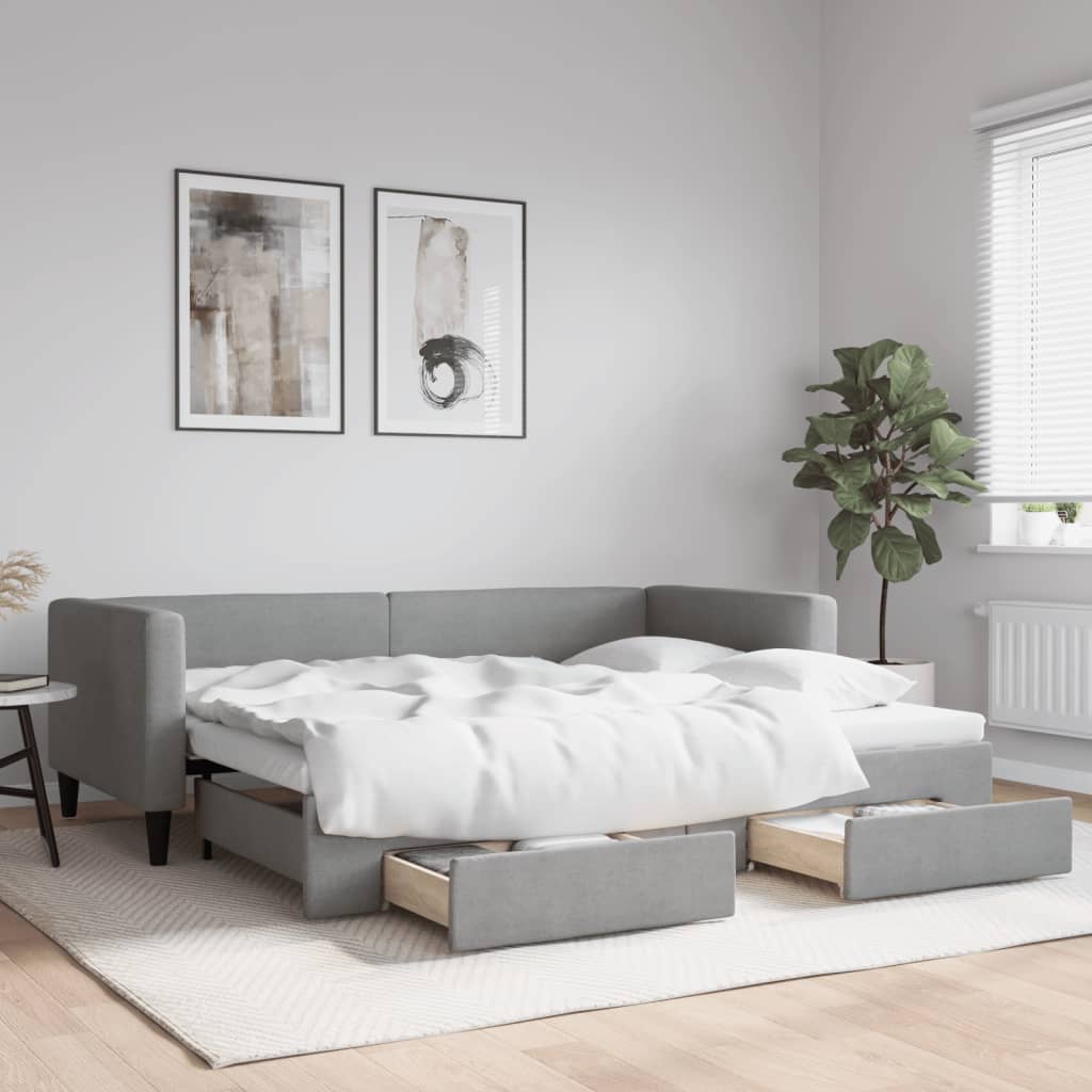 Daybed with Trundle&amp;Drawers without Mattress Light Grey 90x190 cm