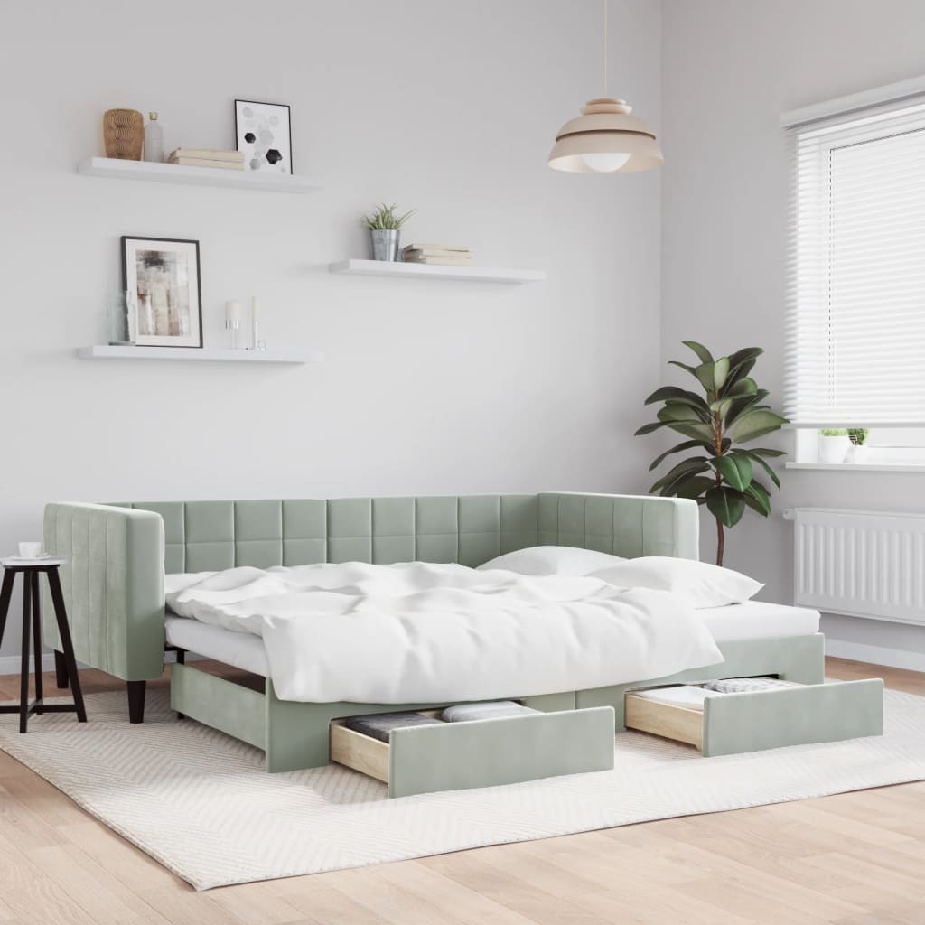 Daybed with Trundle&amp;Drawers without Mattress Light Grey 90x190 cm