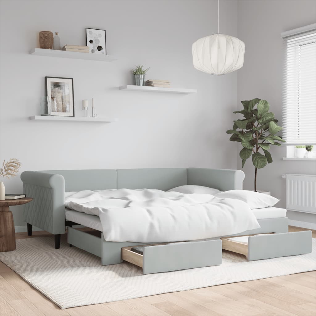 Daybed with Trundle&amp;Drawers without Mattress Light Grey 90x190 cm