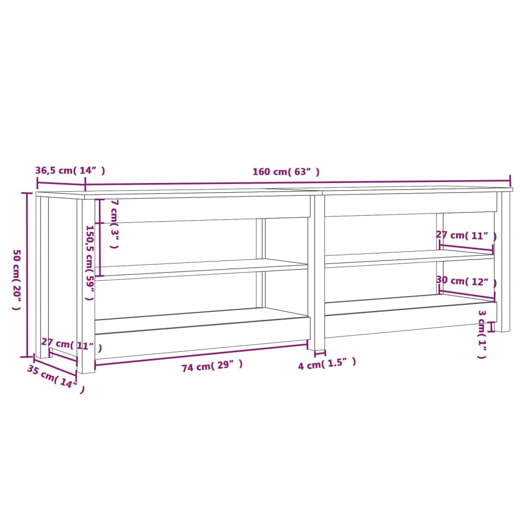 Shoe Bench 160x36.5x50 cm Solid Wood Pine