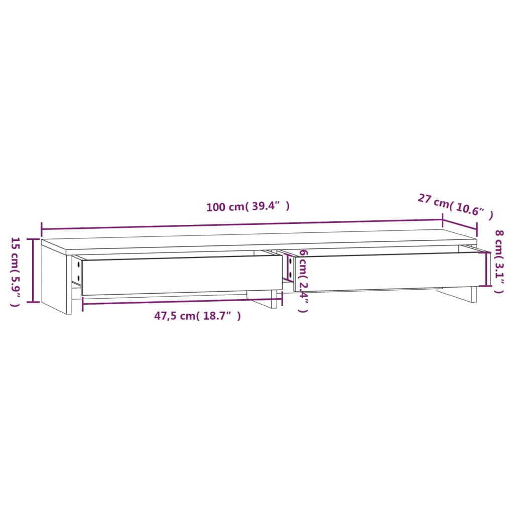 Monitor Stand White 100x27x15 cm Solid Wood Pine