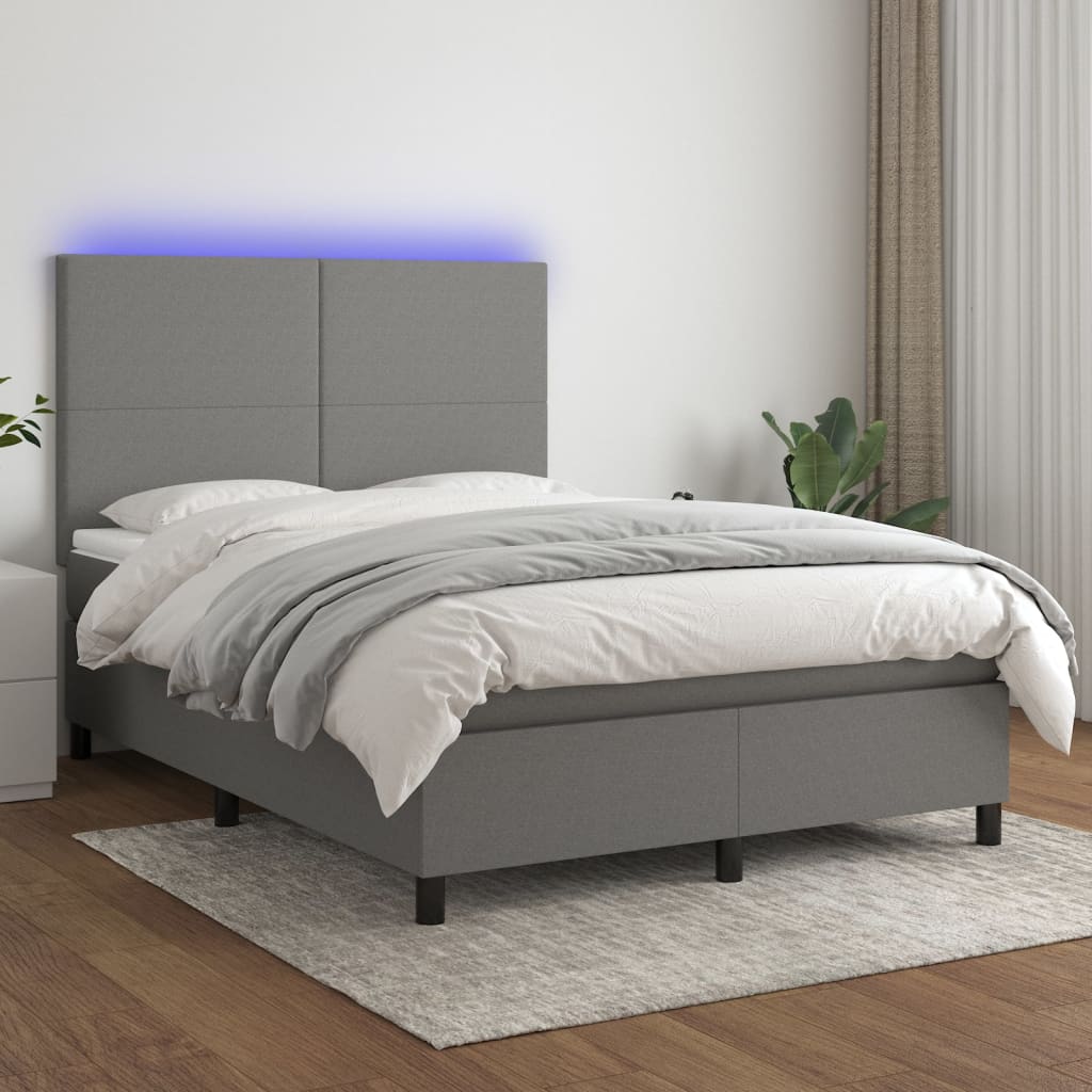 Box Spring Bed with Mattress&amp;LED Dark Grey 137x187 cm Double Size Fabric