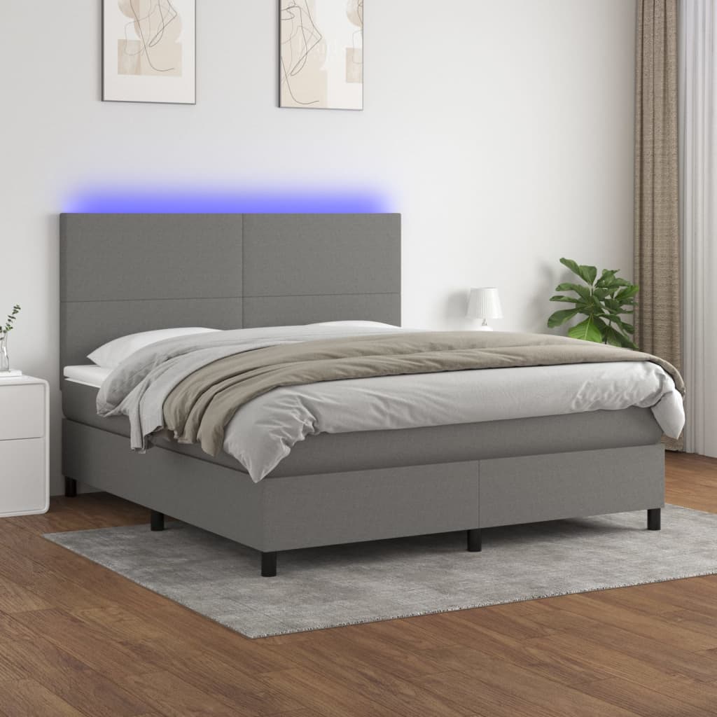 Box Spring Bed with Mattress&amp;LED Dark Grey 153x203 cm Queen Size Fabric