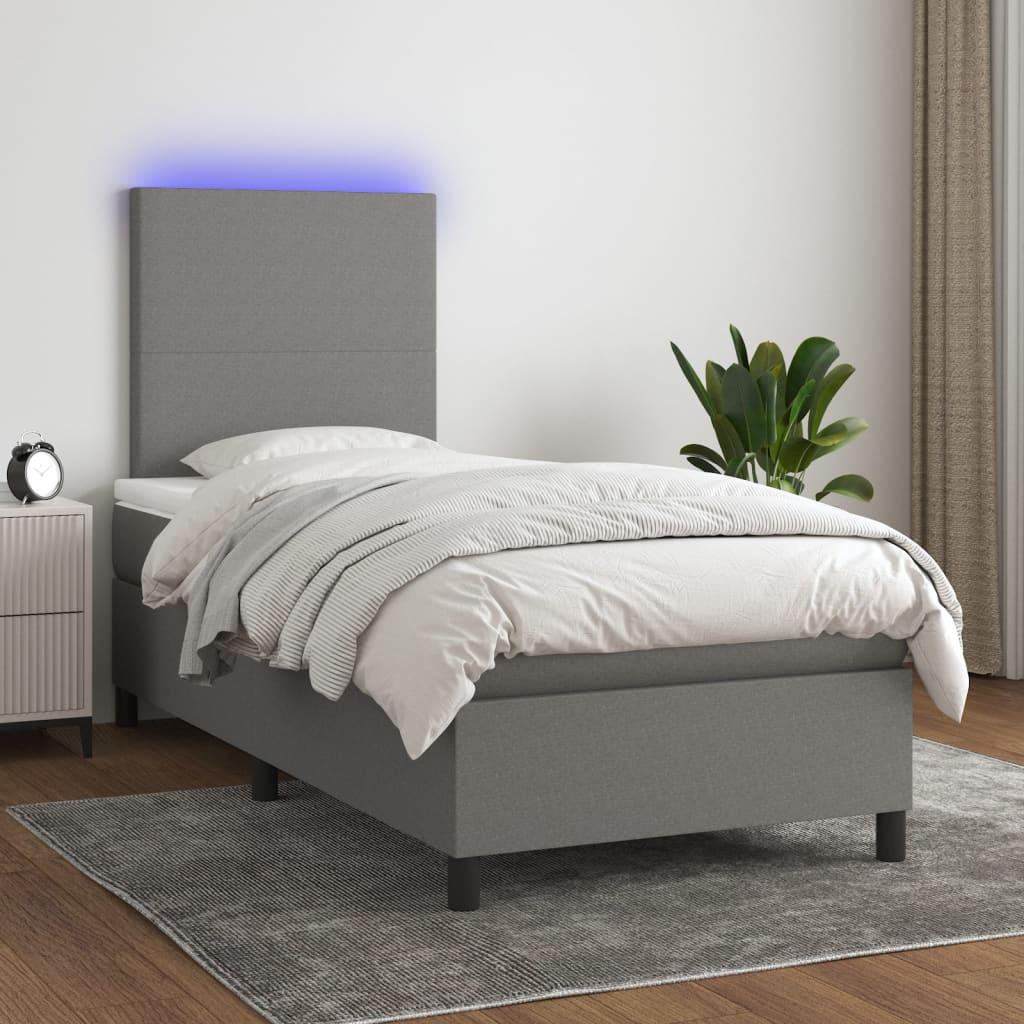 Box Spring Bed with Mattress&amp;LED Dark Grey 106x203 cm King Single Size Fabric