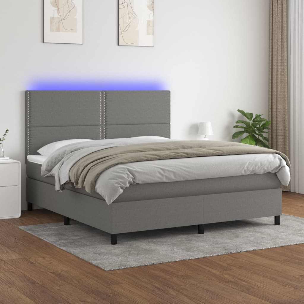 Box Spring Bed with Mattress&amp;LED Dark Grey 153x203 cm Queen Size Fabric