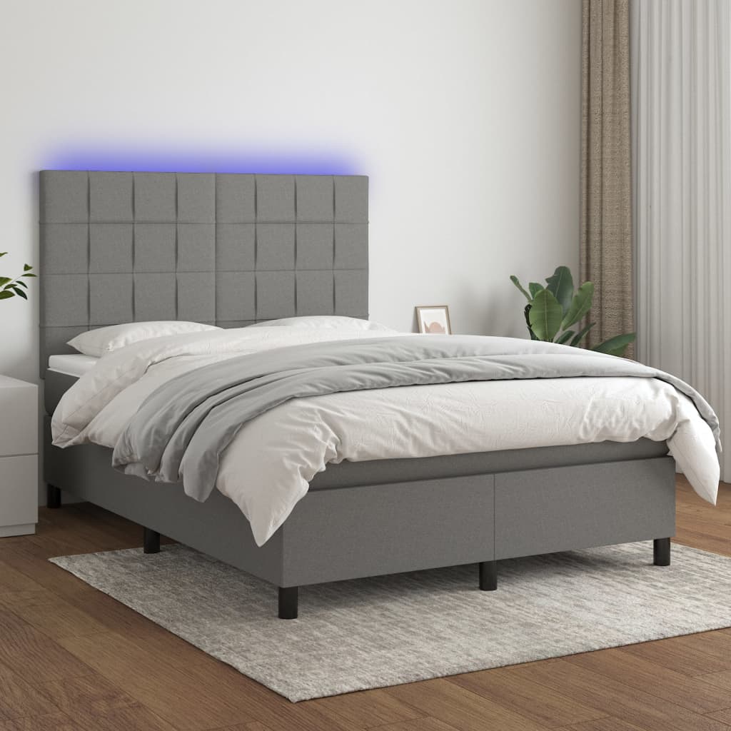 Box Spring Bed with Mattress&amp;LED Dark Grey 137x187 cm Double Size Fabric