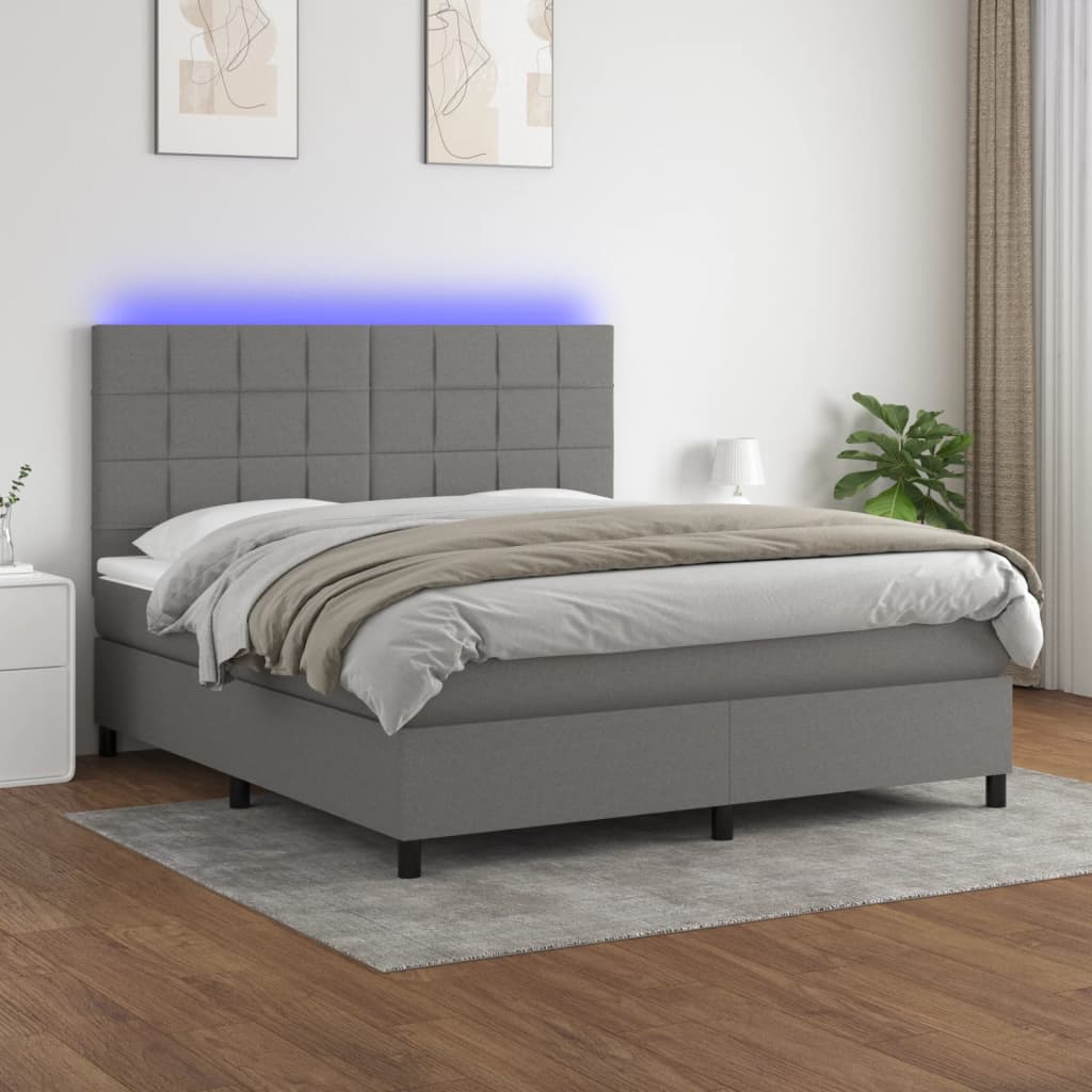Box Spring Bed with Mattress&amp;LED Dark Grey 153x203 cm Queen Size Fabric
