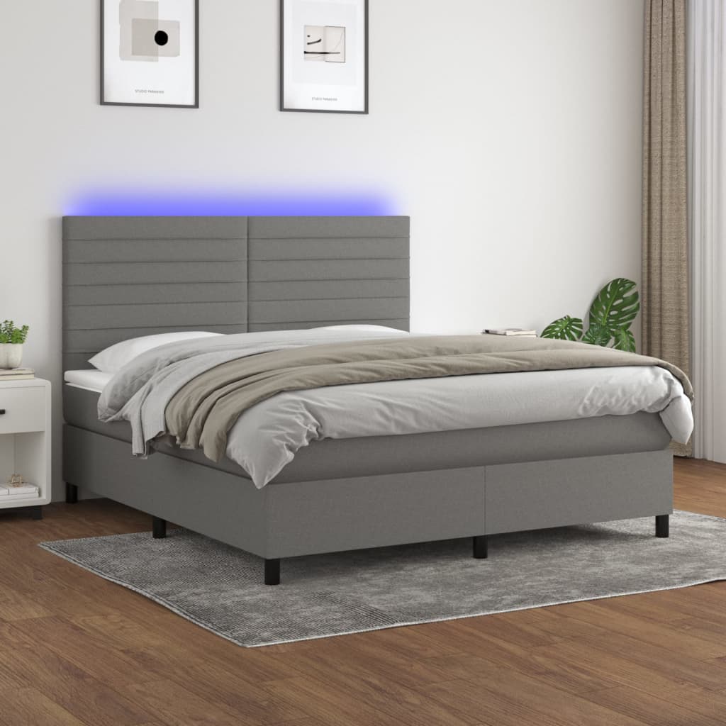 Box Spring Bed with Mattress&amp;LED Dark Grey 153x203 cm Queen Size Fabric